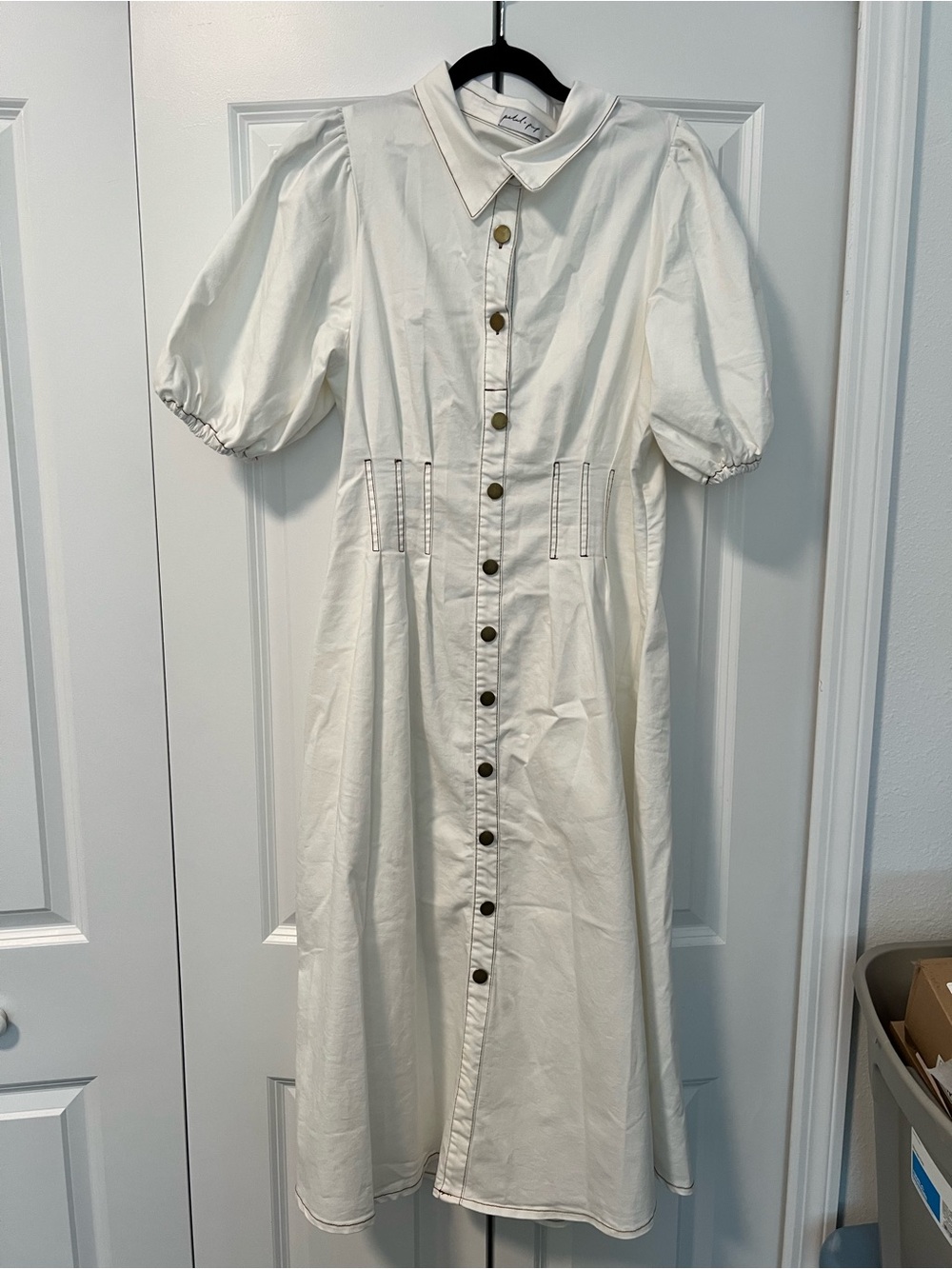 Petal + Pup Sollie Puff Sleeve Stretch Denim Shirtdress White Size Large